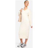 Vestido Maxi De Punto Suave Y Canalé Grueso Con Detalle En El Cuello, Cream