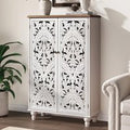 47 High Distressed White Wood Accent Cabinet with 3-Tier Shelves, Boho Style Sideboard for Small Spaces and Living Rooms