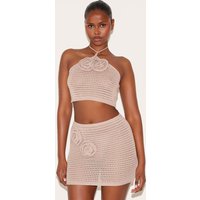 Taupe Tie Neck Flower Applique Top
