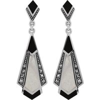 Art Deco Style Cabochon Black Onyx, Mother of Pearl & Marcasite Drop Earrings in 925 Sterling Silver
