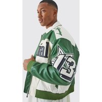 Chaqueta Bomber Recta De Cuero Sintético Con Cuello, Verde