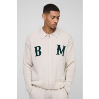Chaqueta Harrington Oversize De Punto Buclé Con Estampado Gráfico, Cream