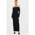 Black Crepe Long Sleeve Bardot Maxi Dress