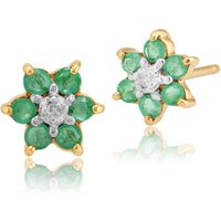 Floral Round Emerald & Diamond Cluster Stud Earrings in 9ct Yellow Gold