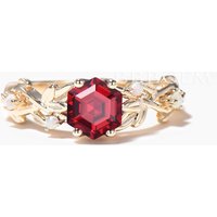 Hexagon Cut Ruby Leaf Engagement Ring Opal Split Shank Nature Inspired Ring