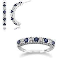 Classic Round Sapphire & Diamond Half Hoop Earrings & Half Eternity Ring Set in 9ct White Gold