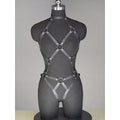 Black Faux Leather Full Body Harness Bodysuit with Ring Details