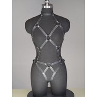 Black Faux Leather Full Body Harness Bodysuit with Ring Details