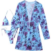 Women's Black 3-Piece Floral Bikini Swimsuit with Kimono - Vibrant Summer Beachwear | Wowcher