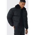 Chaqueta Acolchada Recta Negra Con Cuello De Pelo Sintético, Negro