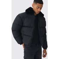 Chaqueta Acolchada Recta Negra Con Cuello De Pelo Sintético, Negro