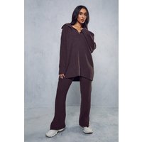 Womens Oversized Rib Knit Zip Up Co-ord - chocolate - S/M, Chocolate