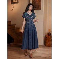 TIYIHAILEY Women Denim Dresses Long Mid-Calf Single Breasted Summer M-5XL Chinese Style Embroidery V-Neck New Vintage 2026