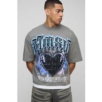Camiseta Oversize Recta Con Cuello Extendido, Capa Falsa Y Corazón, Gris