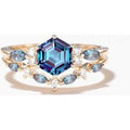 Hexagon Color-change Alexandrite Engagement Ring Diamond Cluster Bridal Set