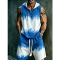 Men's Sleeveless Hooded Tank & Shorts Set, Loose Comfort Blue and White Tie-Dye Casual Streetwear