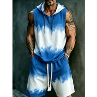 Men's Sleeveless Hooded Tank & Shorts Set, Loose Comfort Blue and White Tie-Dye Casual Streetwear