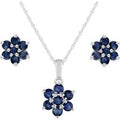 Floral Round Sapphire Flower Cluster Stud Earrings & Pendant Set in 925 Sterling Silver