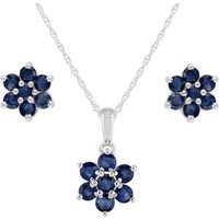 Floral Round Sapphire Flower Cluster Stud Earrings & Pendant Set in 925 Sterling Silver