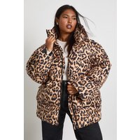 Chaqueta Plus Oversize Acolchada Con Estampado De Leopardo, Multi