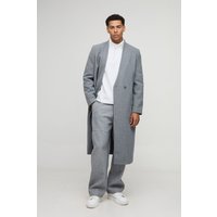 Oversized Longline Double Breasted Collarless Melton Overcoat, Gris