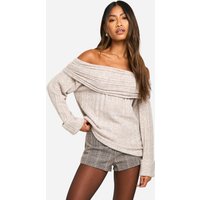 Jersey De Corte Largo Con Escote Bardot Y Canalé, Beige