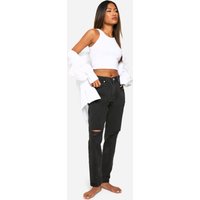 Vaqueros Mom Básicos De Tiro Alto Rotos, Negro