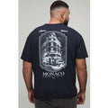 Plus Oversized Washed Black Monaco Landscape Print T-Shirt, Negro