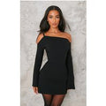 Petite Black Asymmetric One Shoulder Flared Sleeve Shift Dress