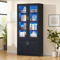 71" Tall Display Shel - with Glass Do, 4-Tier Book Shel Storage Cabinet with LED Lights & Lock, Curio Bookshel Display Cabinet o