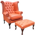Chesterfield Offer Queen Anne High Back Wing Chair Flamenco Orange Leather Footstool