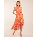 Abstract Print Halter Neck High Low Midi Wrap Dress - 10 / ORANGE