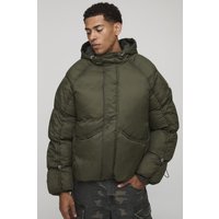Oversized Fit Ruched Sleeve Panelled Puffer Jacket, Verde
