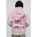 Dusty Pink Oversized Mountain Landscape Printed Washed Hoodie, Azul