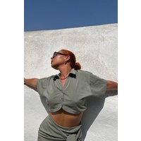 Womens Ruched Boxy Cropped Shirt - khaki - 10, Khaki