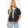 Top De Popelina Con Mangas Abullonadas Y Lazo En Contraste, Negro