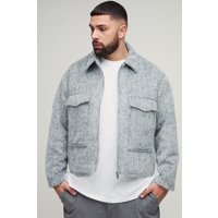 Chaqueta Plus Cargo Elegante De Mezcla De Lana Con Cremallera, Gris