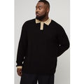 Plus Oversized Contrast Placket Knitted Polo Shirt, Negro