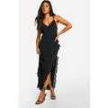 Vestido Maxi De Chifón Con Volante, Negro