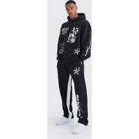 Chándal Oversize Con Capucha Y Grafiti Con Refuerzos, Negro