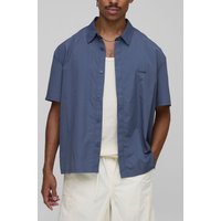 Oversized Concealed Placket Crinkle Short Sleeve Shirt, Azul
