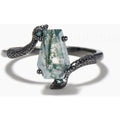 Coffin Cut Natural Moss Agate Engagement Ring Double Snake Three Stone Ring