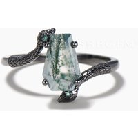 Coffin Cut Natural Moss Agate Engagement Ring Double Snake Three Stone Ring