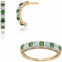 Classic Round Emerald & Diamond Half Hoop Earrings & Half Eternity Ring Set in 9ct Yellow Gold