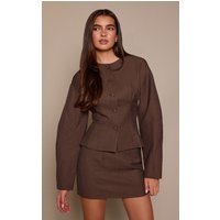 Chocolate Pinstripe Tailored Woven Boxy Balloon Sleeve Blazer