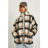 Check Oversized Teddy Jacket, Brown