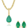 Classic Pear Emerald Single Stone Stud Earrings & Pendant Set in 9ct Yellow Gold