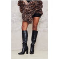 Black PU Round Block Heel Knee High Boots