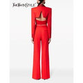 TWOTWINSTYLE Elegant Two Piece Set For Women Lapel Long Sleeve Hollow Out Top High Waist Wide Leg Pant Casual Sets Female New