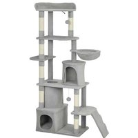170cm Multi-Level Cat Tree - Plush & Sisal, 7 Posts, 2 Condos, Ramp, Grey | Wowcher
